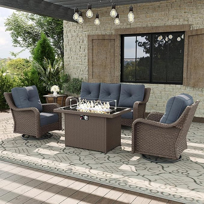 5 Piece Patio Furniture Set with Fire Pit Table, All-Weather Wicker Outdoor Conversation Set with Swivel Rocking Chair and 6 Inch Thick Cushions