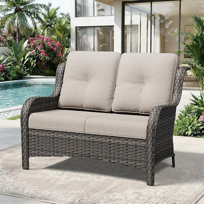 Wicker Patio Loveseat, 2 Seat Outdoor Couch with Thickened Olefin Cushions, High Back and Deep Seating - Photo 2