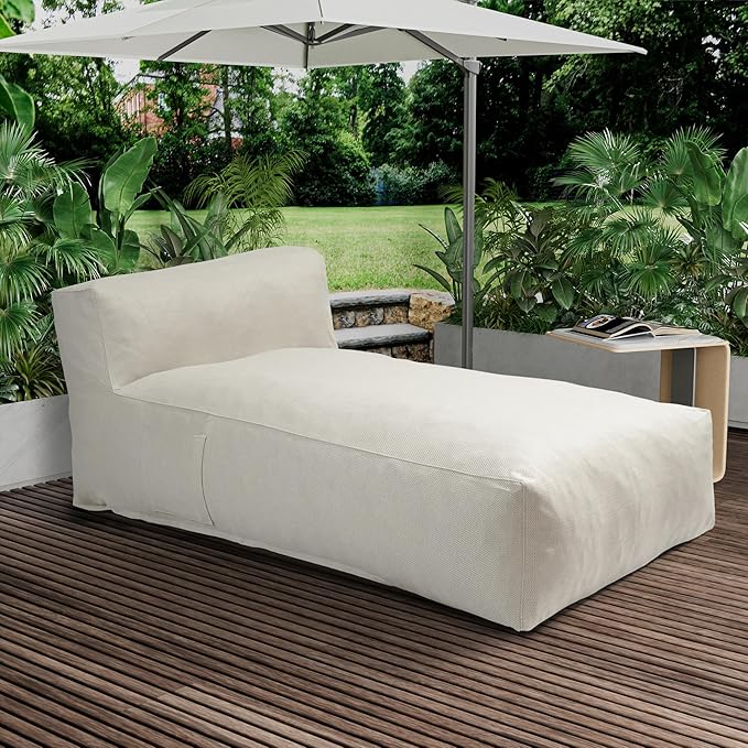 Dineli Chaise Lounge Chair Outdoor Bed Lounger Outdoor Couch Sofa for Pool Comfy Patio Furniture Foam Filling Bean Bed Chair Lazy Sofa for Outside, Water-Resistant Sunbed (Ivory, 70'' Length)