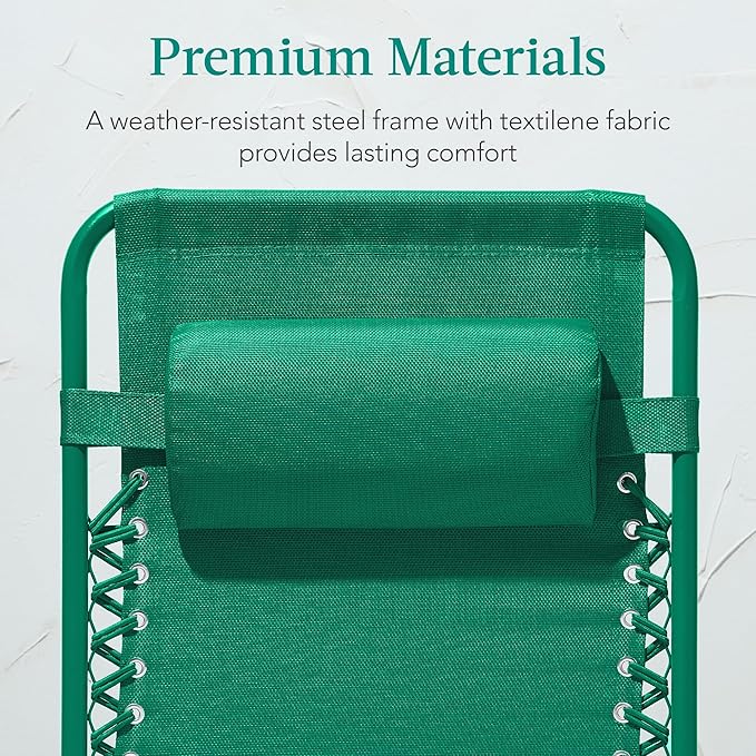 Best Choice Products Adjustable Zero Gravity Chair, Monochromatic Color Folding Patio Recliner w/Side Tray, Headrest - Emerald