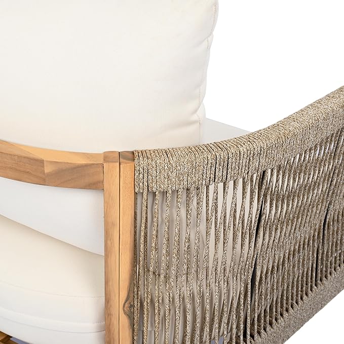 Christopher Knight Home Havets 77"W Outdoor 3 Seater Sofa, 6" Thick Cushion Couch, Acacia Wood Bench Sofa, Comfy Woven Rope Armchair, Spacious Seating Bench Couch for Backyard Garden Porch, Teak+Beige