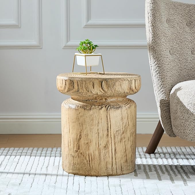 Christopher Knight Home Pawn 17" H MGO Outdoor Side Table with Tree-Stump Design, Patio Decorative Wood-Like Texture End Table, Round Top Lightweight Concrete Garden Stool, No Assembly, Natural