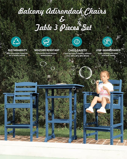 SERWALL Tall Adirondack Chairs Set of 2, Oversize Balcony Adirondack Chairs Set, Outdoor Bar Height Barstools Widened Chair Set for Bistro, Poolside, Garden, Blue