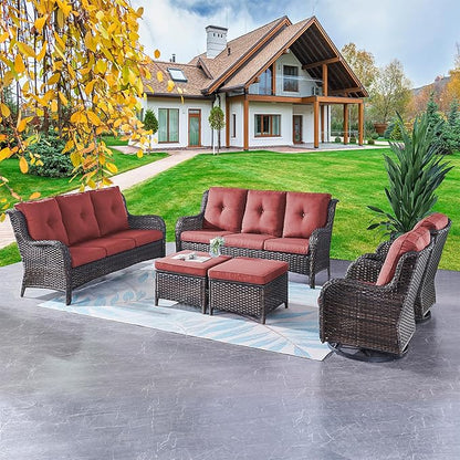 Rilyson Wicker Patio Furniture Set - 6 PC Rattan Outdoor Sectional Conversation Sets with 2 Rocking Swivel Chairs,2 Ottomans and 2 Sofa for Porch Deck Garden(Brown/Red)