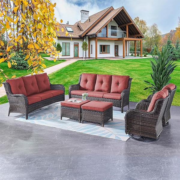 Rilyson Wicker Patio Furniture Set - 6 PC Rattan Outdoor Sectional Conversation Sets with 2 Rocking Swivel Chairs - Photo 1