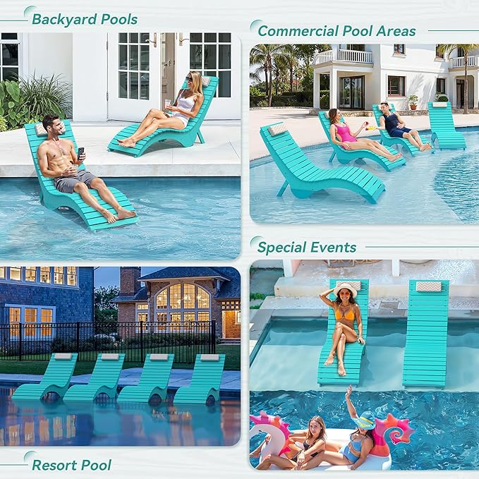 Pool Lounge Chairs Set of 2 - Anti-Floating HDPS Design for Pools & Backyard Sun Decks, Weighted Pool Chairs and Lounges for Poolside or Outside, Includes Headrest, Aruba Blue