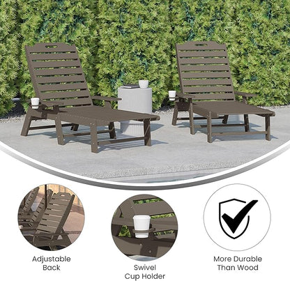 Flash Furniture Monterey Adjustable Adirondack Loungers with Cup Holders- All-Weather Indoor/Outdoor HDPE Lounge Chairs, Set of 2, Brown