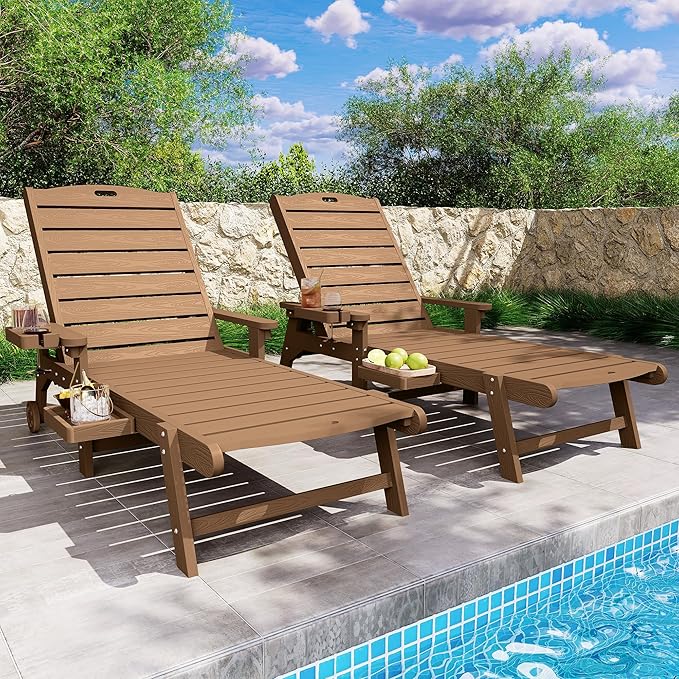 YEFU Chaise Lounge Chairs Set of 2 Outdoor,Pool Lounge Chair with Adjustable Backrest,All Weather Patio Lounge Chair with Cup Holder&Armrest,for Outside,Beach,Deck,Heavy Duty,400lbs Capacity(Teak)