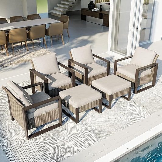 Outdoor Patio Furniture Set, 6 Piece Wicker Patio Conversation with Deep Seating, Thicken Cushions, Outdoor Club Chair, Metal Outdoor Furniture for Deck, Porch, Yard Use (Beige, 6 PCS/Chairs)