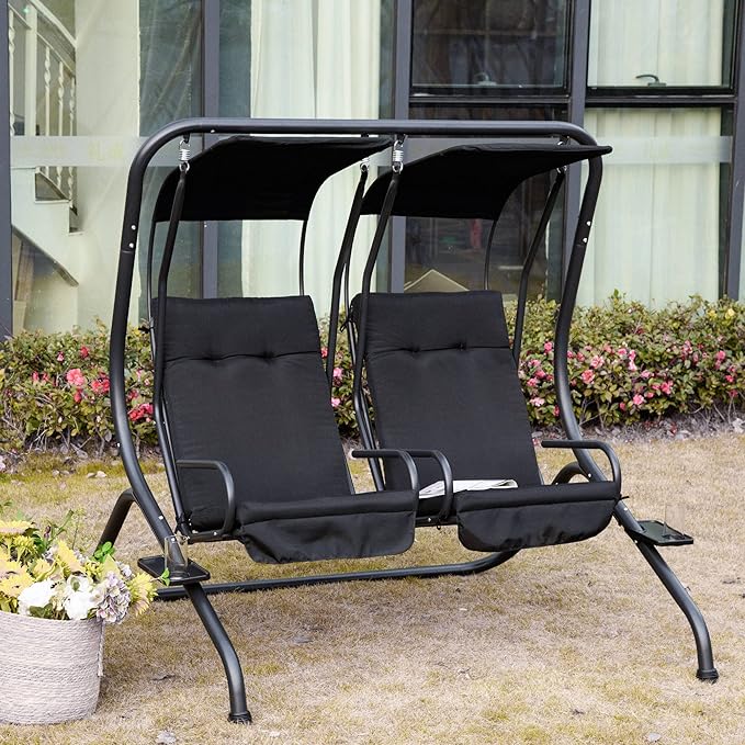 Outsunny Patio Swing Chair with 2 Separate Seats, Outdoor Swing Glider with Removable Canopy and Cup Holders, for Porch - Photo 2