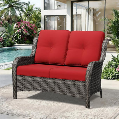 Wicker Patio Loveseat, 2 Seat Outdoor Couch with Thickened Olefin Cushions, High Back and Deep Seating, Hand-Woven PE Rattan for Porch, Deck, Balcony