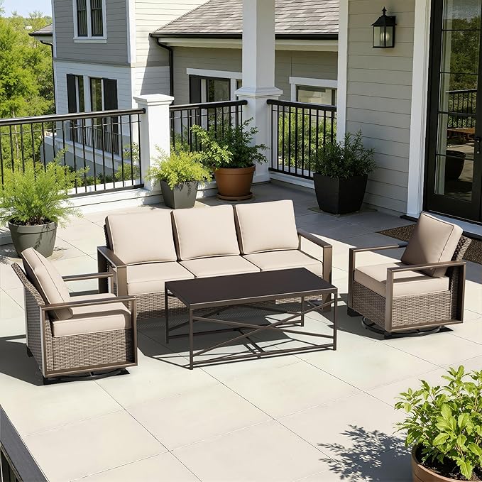 4 Pieces Patio Furniture Set with Wicker 75" Sofa, Two Swivel Rocker Chairs, One Coffee Table - Photo 9