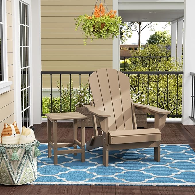 WestinTrends Malibu 2-Pieces Adirondack Chair Set with Side Table, All Weather Outdoor Seating Plastic Patio Lawn Chair Folding for Outside Porch Deck Backyard, Weathered Wood