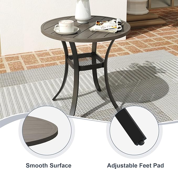 VICLLAX Round Patio Dining Table, Metal Outdoor Bistro Table with Storage Shelf for Balcony Garden Deck, 27.6" Grey
