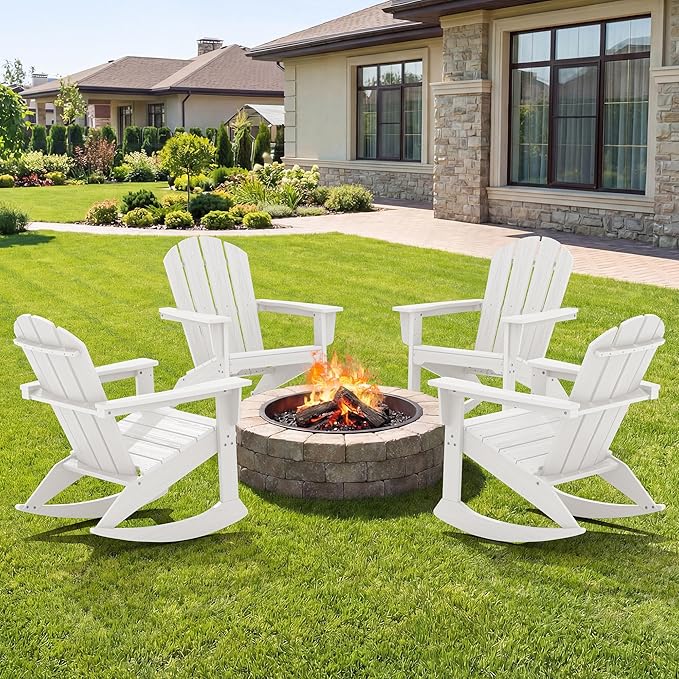 SERWALL Outdoor Adirondack Rocking Chairs Set of 4, All-Weather HDPE Adirondack Rocker Chair, Front Porch Rocker Chairs for Patio Lawn Porch Deck, White
