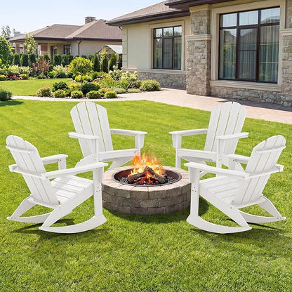 SERWALL Outdoor Adirondack Rocking Chairs Set of 4, All-Weather HDPE Adirondack Rocker Chair, Front Porch Rocker Chairs for Patio Lawn Porch Deck, White