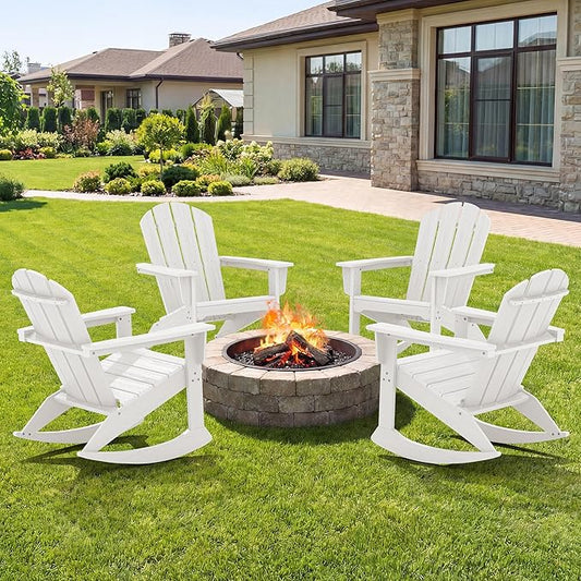SERWALL Outdoor Adirondack Rocking Chairs Set of 4, All-Weather HDPE Adirondack Rocker Chair, Front Porch Rocker Chairs for Patio Lawn Porch Deck, White