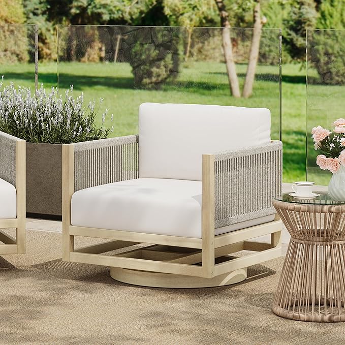 Christopher Knight Home Carlis Outdoor Acacia Wood Swivel Club Chair with Removable Cushion, 360° Rotating Patio Armchair for Garden, 360° Swivel Accent Chair, Light Teak+Cream