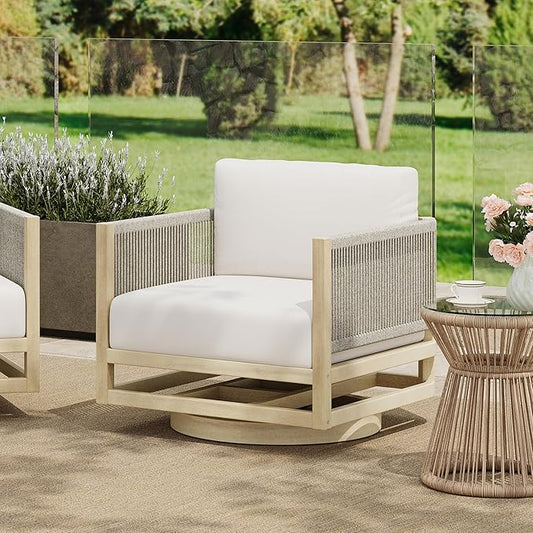 Christopher Knight Home Carlis Outdoor Acacia Wood Swivel Club Chair with Removable Cushion, 360° Rotating Patio Armchair for Garden, 360° Swivel Accent Chair, Light Teak+Cream