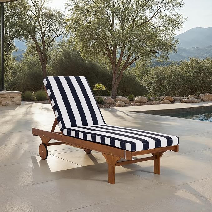 SAFAVIEH Outdoor Patio Furniture Collection - Newport Natural Solid Wood Chaise Lounge Chair with Navy Stripe Cushion, Adjustable Backrest (PAT7316F)