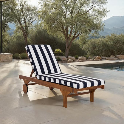SAFAVIEH Outdoor Patio Furniture Collection - Newport Natural Solid Wood Chaise Lounge Chair with Navy Stripe Cushion, Adjustable Backrest (PAT7316F)