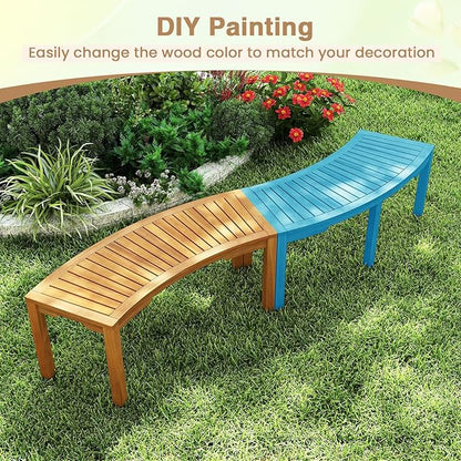 RELAX4LIFE Wooden Outdoor Curved Bench - Acacia Wood Garden Bench w/Slatted Seat, 2-Person Outside Backless Seating for Porch Backyard Deck Park, 800 LBS Load Capacity, Patio Fire Pit Bench (2, 45'')