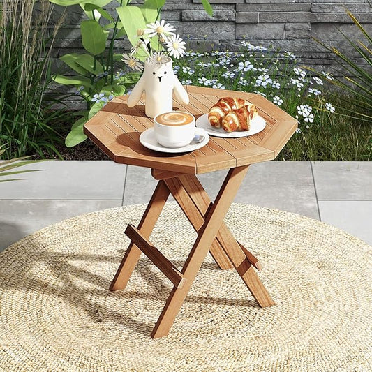 Tangkula Patio Folding Side Table, Teak Wood Octagon Coffee Table w/X-Shaped Legs & Slatted Tabletop, Portable & Compact Outdoor End Table for Backyard, Deck, Lawn