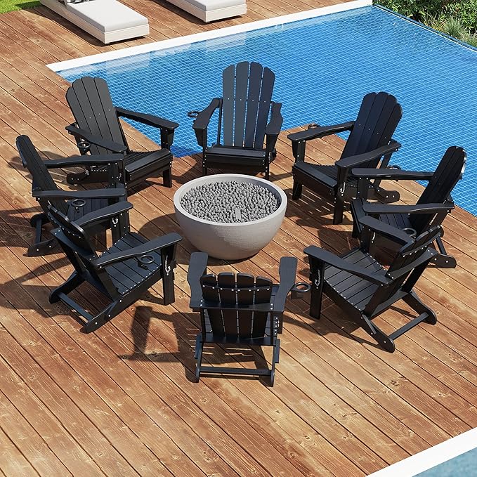 Domi Folding Adirondack Chairs Set of 8, HDPE All-Weather Outdoor Chairs with Cup Holder, Wooden Textured Fire Pit Chairs for Backyard, Patio, Poolside & Deck,Black