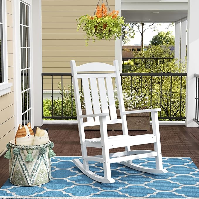 WO Home Furniture Patio Rocking Chair Farmhouse Outdoor HDPE UV Weather Resistant (White)
