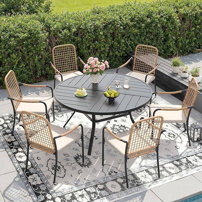DIFY 47.2" Round Outdoor Patio Dining Table for 6, Metal Patio Table with 1.57" Adjustable Umbrella Hole, All-Weather Outdoor Furniture Table for Garden Backyard Deck, Black