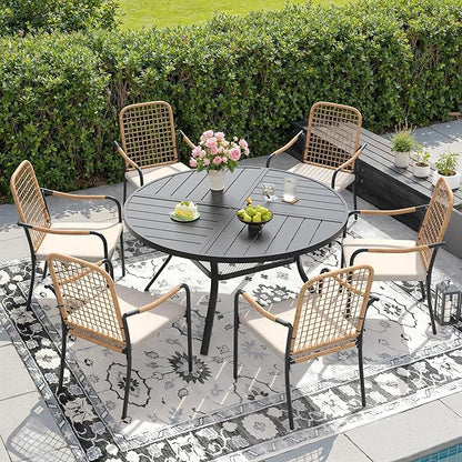 DIFY 47.2" Round Outdoor Patio Dining Table for 6, Metal Patio Table with 1.57" Adjustable Umbrella Hole, All-Weather Outdoor Furniture Table for Garden Backyard Deck, Black