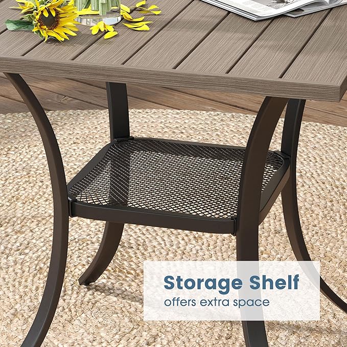 DIFY 27.6" Small Square Outdoor Dining Table for 2, Slatted Metal Patio Table with Storage Shelf, All-Weather Patio Dining Table for Garden Backyard Deck, Grey Wood-Like Tabletop