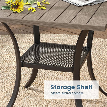 DIFY 27.6" Small Square Outdoor Dining Table for 2, Slatted Metal Patio Table with Storage Shelf, All-Weather Patio Dining Table for Garden Backyard Deck, Grey Wood-Like Tabletop