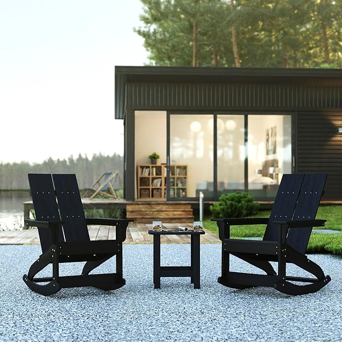 Flash Furniture Set of 2 Finn Modern Commercial Grade Adirondack Rocking Chairs - All-Weather Black Poly Resin Wood - Photo 2