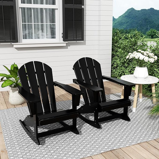 Costaelm Outdoor Adirondack Chair Set of 2, All Weather Resistant Classic Balcony Chair and Fire Pit Chairs, Plastic Outdoor Porch Furniture Rocking Chair High Back HDPE Poly Lumber, Black
