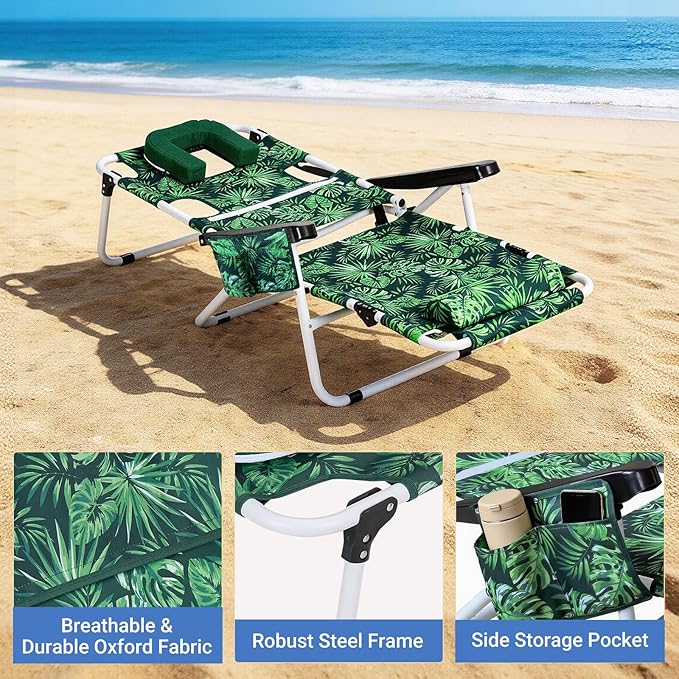 DoCred Heavy Duty Tanning Chair with Face Hole, Adjustable 5-Position Folding Chaise Lounge Chairs for Outside, Portable Lay Flat Beach Lounge Chair for Outdoor Sunbathing Beach Pool Lawn Camping