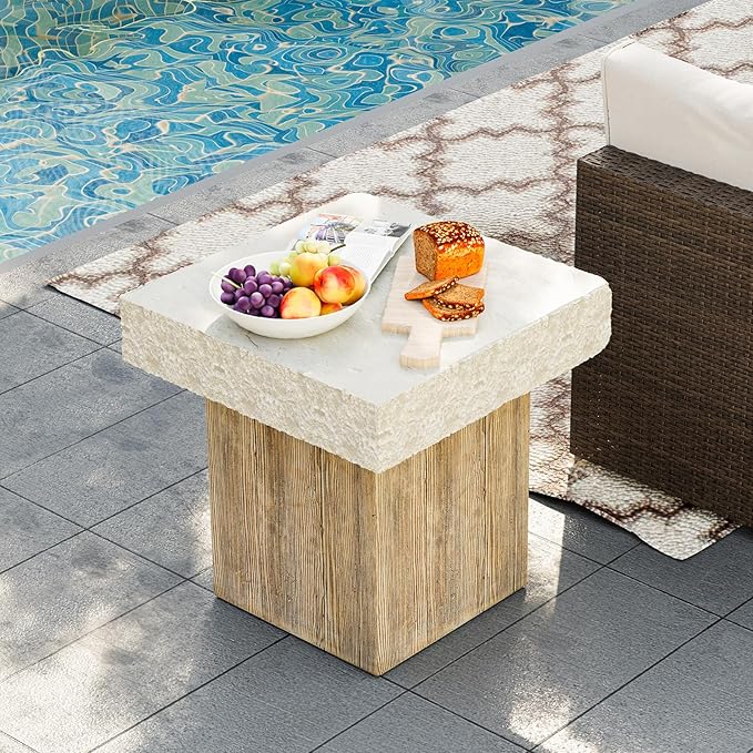 HOMPUS Outdoor Side Dining Table, Concrete Coffee Table Square, 20 inches MgO Tabletop for Patio, Garden, Backyard, Antique Beige