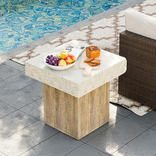 HOMPUS Outdoor Side Dining Table, Concrete Coffee Table Square, 20 inches MgO Tabletop for Patio, Garden, Backyard, Antique Beige