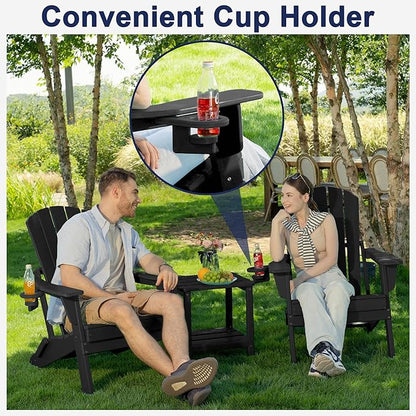 Plawdlik Folding Adirondack Chair Set of 4, Cup Holder，Wooden Textured ，Heavy All-Weather HDPE Comfortable Set Poolside Backyard Lawn Black
