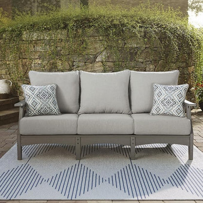 Signature Design by Ashley Visola Outdoor Patio Sofa with All-Weather Cushion and 2 Throw Pillows, Cleanable Performance Fabric, 19.88" Seat Height, Gray