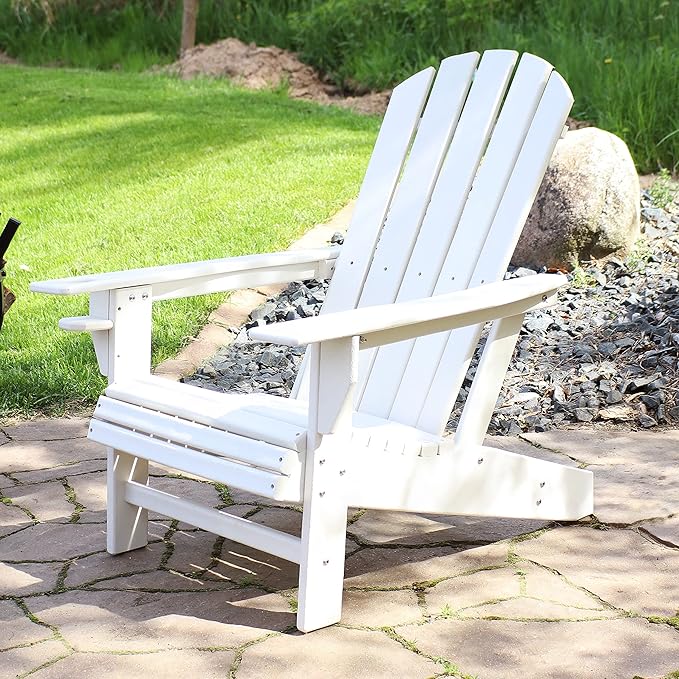 Sunnydaze Adirondack Chair with Cup Holder - Outdoor All-Weather Adirondack Chair for the Fire Pit, Patio, Campsite, or Yard - 300-Pound Capacity - White