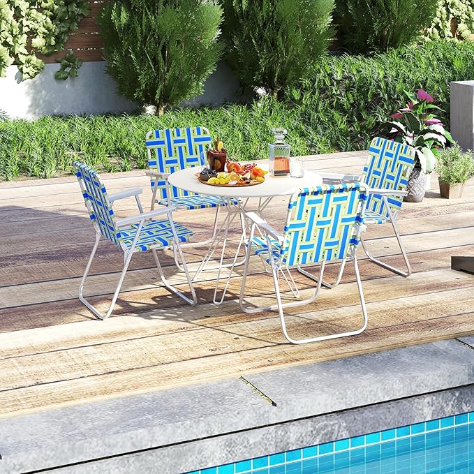 GYMAX Lawn Chair Folding, Webbed Beach Lounge Chairs Set with Highback - Photo 9