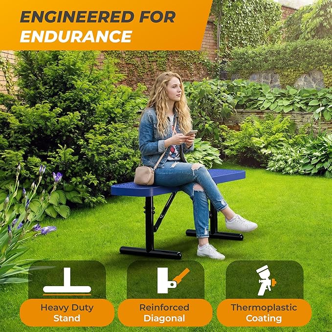 Heavy-Duty Outdoor Metal Bench, Thermoplastic-Coated, Portable, Weatherproof, Commercial-Grade for Parks, Gardens, Patios, Stores & More (4 Ft - Portable, Blue)
