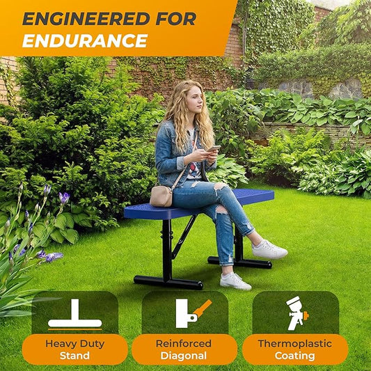 Heavy-Duty Outdoor Metal Bench, Thermoplastic-Coated, Portable, Weatherproof, Commercial-Grade for Parks, Gardens, Patios, Stores & More (4 Ft - Portable, Blue)