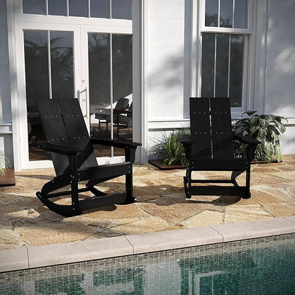 Taylor & Logan Finn Modern All-Weather 2-Slat Poly Resin Rocking Adirondack Chair with Rust Resistant Stainless Steel Hardware in Black - Set of2