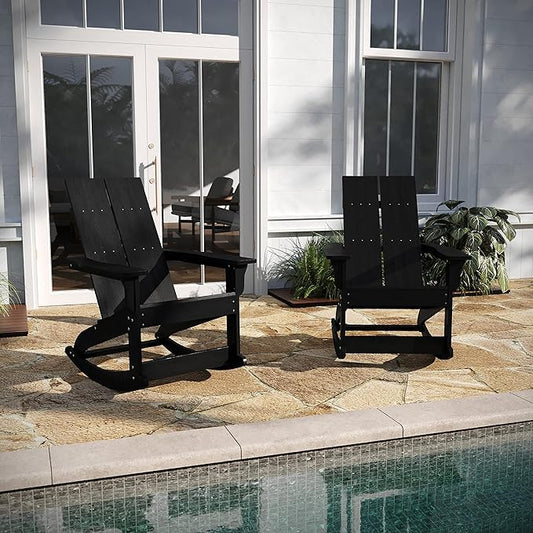 Taylor & Logan Finn Modern All-Weather 2-Slat Poly Resin Rocking Adirondack Chair with Rust Resistant Stainless Steel Hardware in Black - Set of2