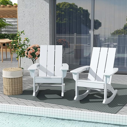 WestinTrends Ashore Patio Rocking Chairs Set of 4, All Weather Poly Lumber Plank Adirondack Rocker Chair, Modern Farmhouse White Rocking Chairs for Porch Garden Backyard and Indoor