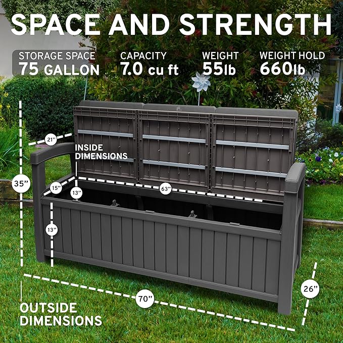 EconoHome 3 Seat Outdoor Storage Bench with Rain Cover - 90 Gallon Capacity - Weatherproof Resin Bench for Patio, Porch - Photo 2