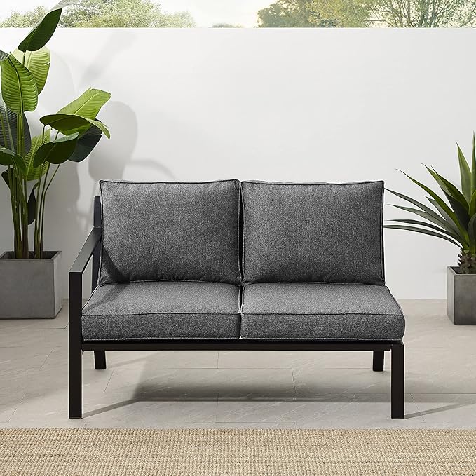Crosley Furniture Clark Outdoor Sectional Left Side Loveseat, 2-Person Patio Couch for Deck, Backyard, Matte Black with Charcoal Cushions
