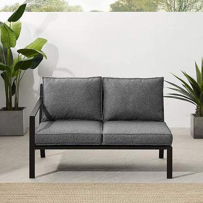 Crosley Furniture Clark Outdoor Sectional Left Side Loveseat, 2-Person Patio Couch for Deck, Backyard, Matte Black with Charcoal Cushions